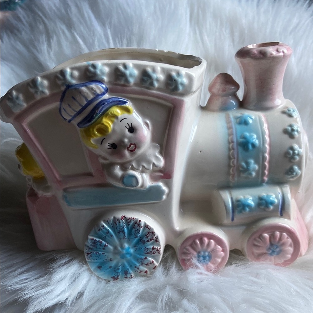 Vintage Japan Ceramic Train Planter Nursery Decor Pastel Pink Blue Train Engine